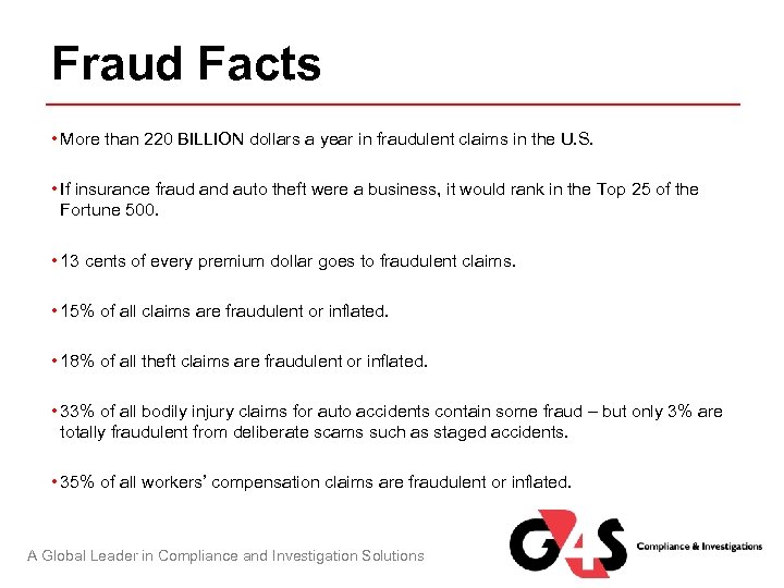 Fraud Facts • More than 220 BILLION dollars a year in fraudulent claims in