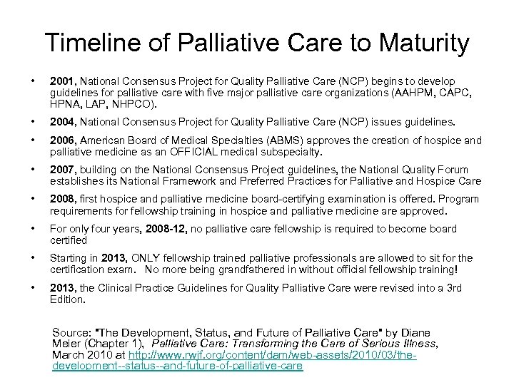 Timeline of Palliative Care to Maturity • 2001, National Consensus Project for Quality Palliative