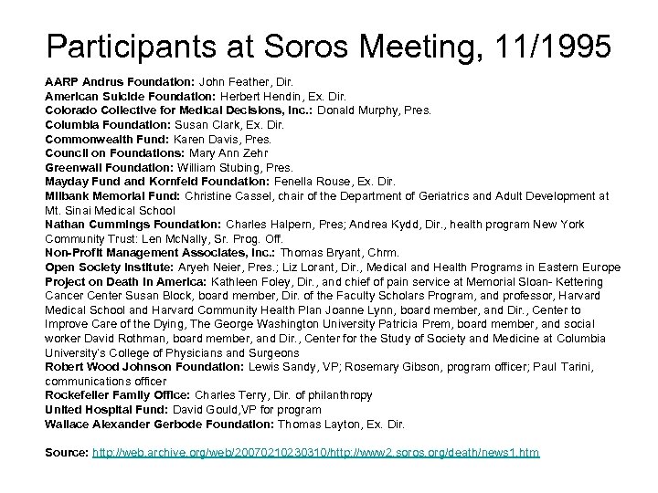 Participants at Soros Meeting, 11/1995 AARP Andrus Foundation: John Feather, Dir. American Suicide Foundation: