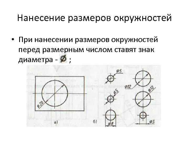 Нанесение размеров окружностей • При нанесении размеров окружностей перед размерным числом ставят знак диаметра