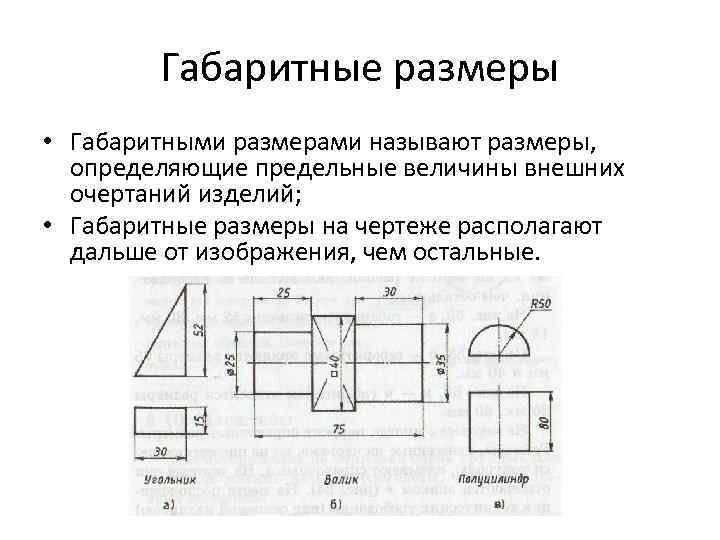 Габаритные размеры • Габаритными размерами называют размеры, определяющие предельные величины внешних очертаний изделий; •