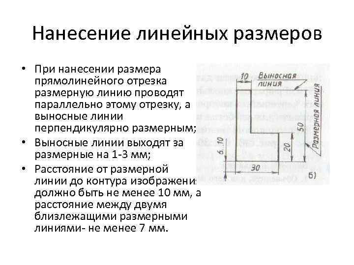 Нанесение линейных размеров • При нанесении размера прямолинейного отрезка размерную линию проводят параллельно этому