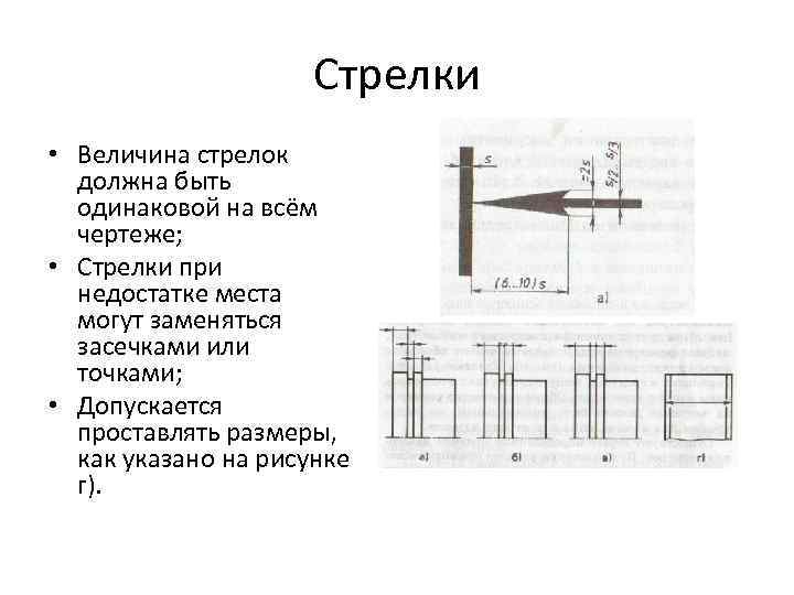 Стрелки • Величина стрелок должна быть одинаковой на всём чертеже; • Стрелки при недостатке