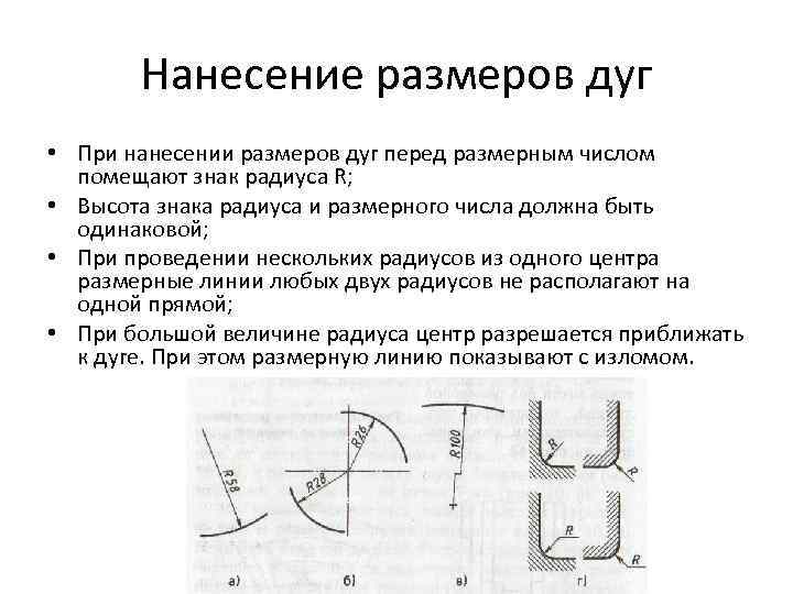 Нанесение размеров дуг • При нанесении размеров дуг перед размерным числом помещают знак радиуса