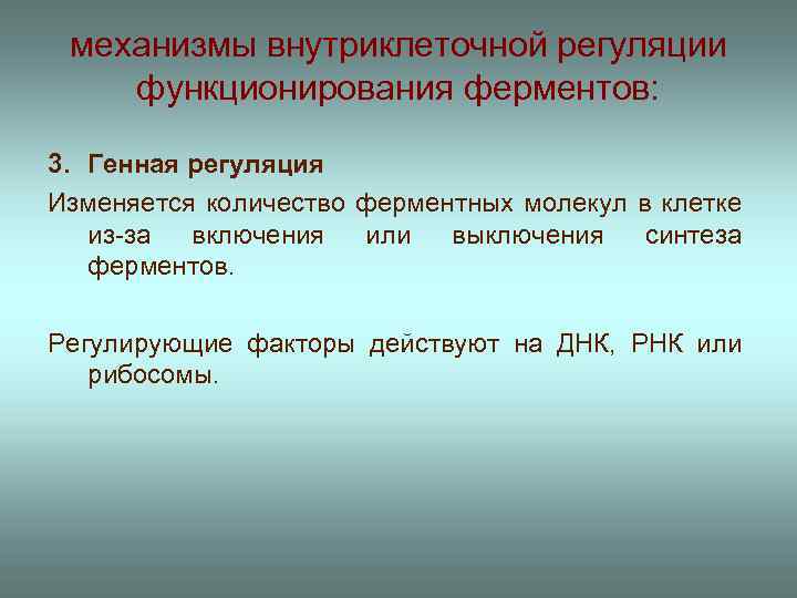 механизмы внутриклеточной регуляции функционирования ферментов: 3. Генная регуляция Изменяется количество ферментных молекул в клетке