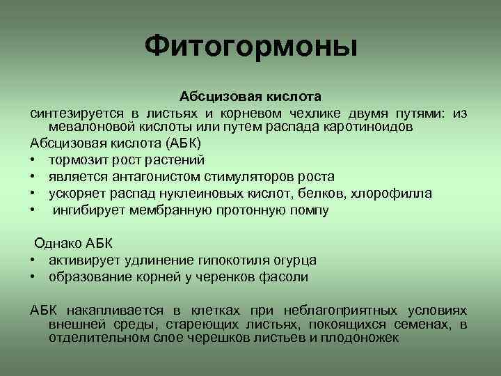 Фитогормоны Абсцизовая кислота синтезируется в листьях и корневом чехлике двумя путями: из мевалоновой кислоты