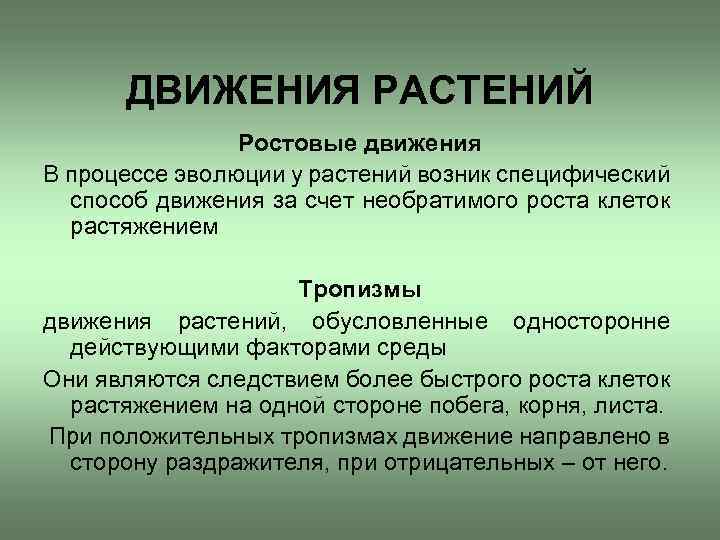 ДВИЖЕНИЯ РАСТЕНИЙ Ростовые движения В процессе эволюции у растений возник специфический способ движения за