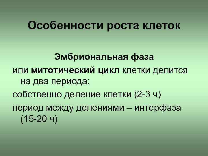 Особенности роста клеток Эмбриональная фаза или митотический цикл клетки делится на два периода: собственно