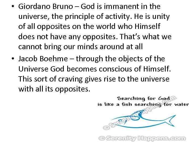  • Giordano Bruno – God is immanent in the universe, the principle of