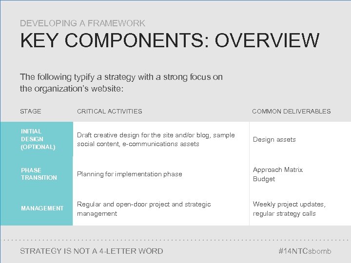 DEVELOPING A FRAMEWORK KEY COMPONENTS: OVERVIEW The following typify a strategy with a strong