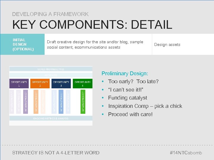 DEVELOPING A FRAMEWORK KEY COMPONENTS: DETAIL INITIAL DESIGN (OPTIONAL) Draft creative design for the