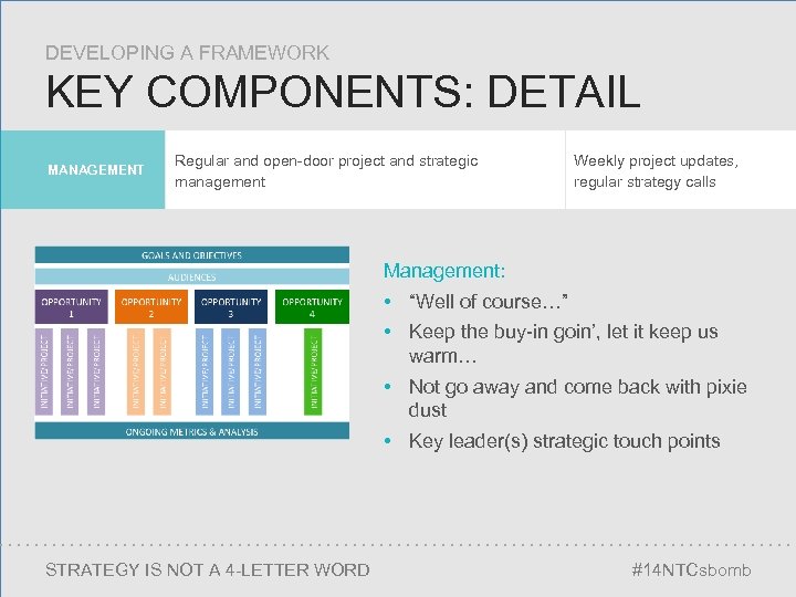 DEVELOPING A FRAMEWORK KEY COMPONENTS: DETAIL MANAGEMENT Regular and open-door project and strategic management