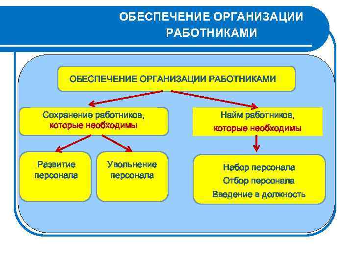 ОБЕСПЕЧЕНИЕ ОРГАНИЗАЦИИ РАБОТНИКАМИ Сохранение работников, которые необходимы Развитие персонала Увольнение персонала Найм работников, которые