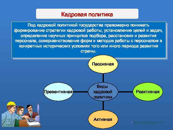 Кадровая политика Под кадровой политикой государства правомерно понимать формирование стратегии кадровой работы, установление целей