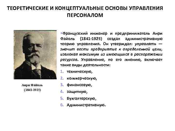 ТЕОРЕТИЧЕСКИЕ И КОНЦЕПТУАЛЬНЫЕ ОСНОВЫ УПРАВЛЕНИЯ ПЕРСОНАЛОМ Анри Файоль (1841 1925) §Французский инженер и предприниматель