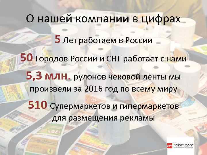 О нашей компании в цифрах 5 Лет работаем в России 50 Городов России и