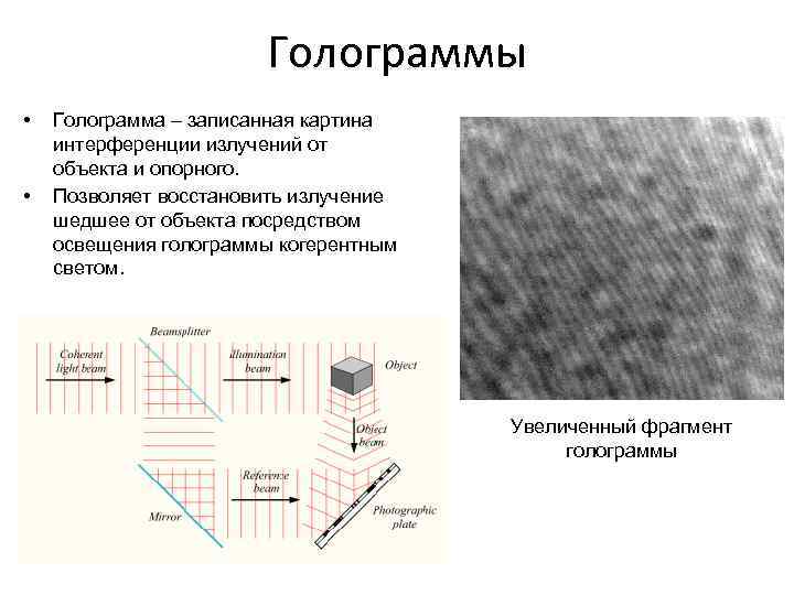 Голограммы • • Голограмма – записанная картина интерференции излучений от объекта и опорного. Позволяет