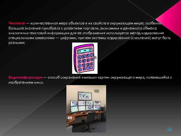 Числовая — количественная мера объектов и их свойств в окружающем мире; особенно большое значение