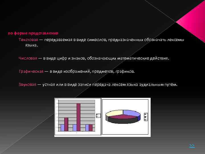по форме представления Текстовая — передаваемая в виде символов, предназначенных обозначать лексемы языка. Числовая
