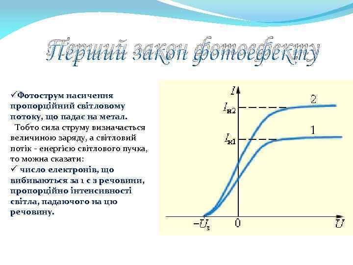 Перший закон фотоефекту üФотострум насичення пропорційний світловому потоку, що падає на метал. Тобто сила