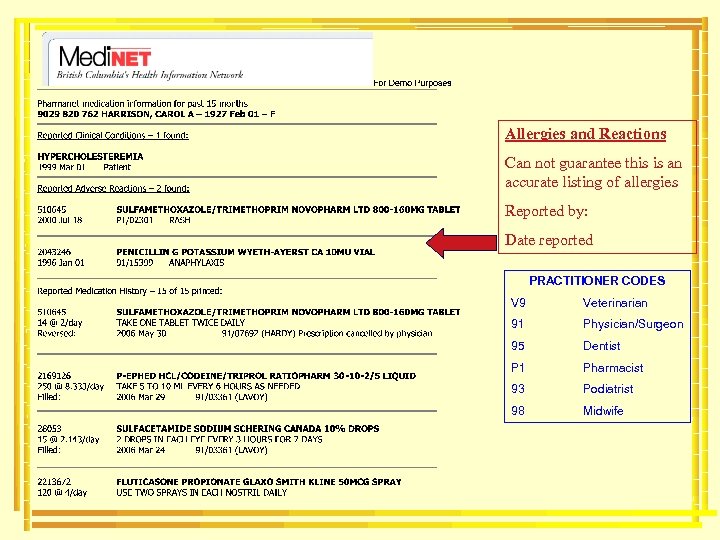 Allergies and Reactions Can not guarantee this is an accurate listing of allergies Reported