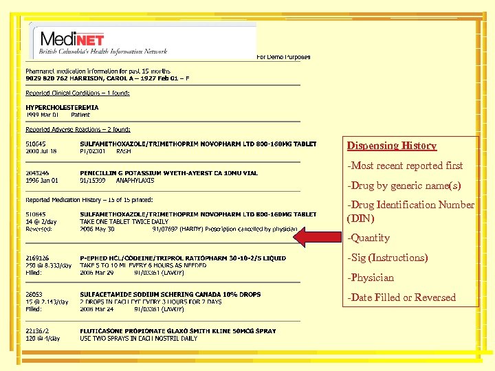 Dispensing History -Most recent reported first -Drug by generic name(s) -Drug Identification Number (DIN)