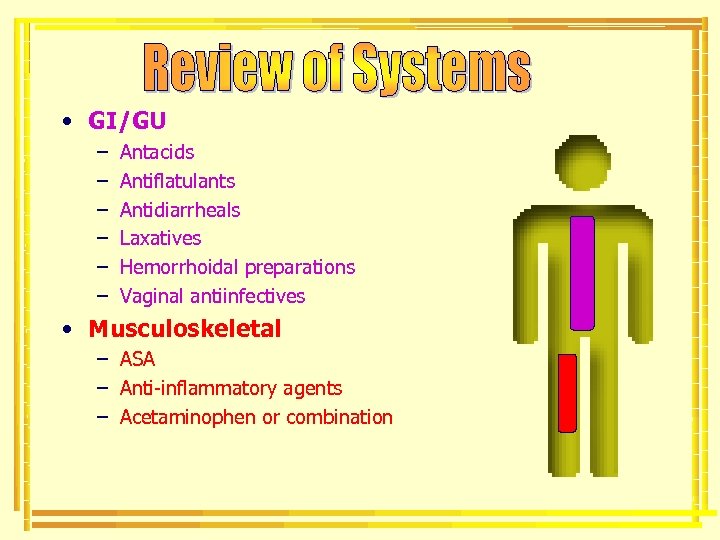  • GI/GU – – – Antacids Antiflatulants Antidiarrheals Laxatives Hemorrhoidal preparations Vaginal antiinfectives