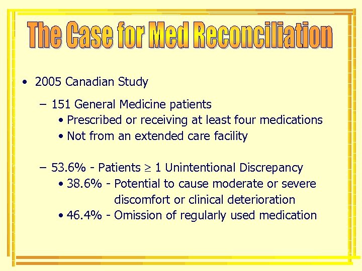  • 2005 Canadian Study – 151 General Medicine patients • Prescribed or receiving