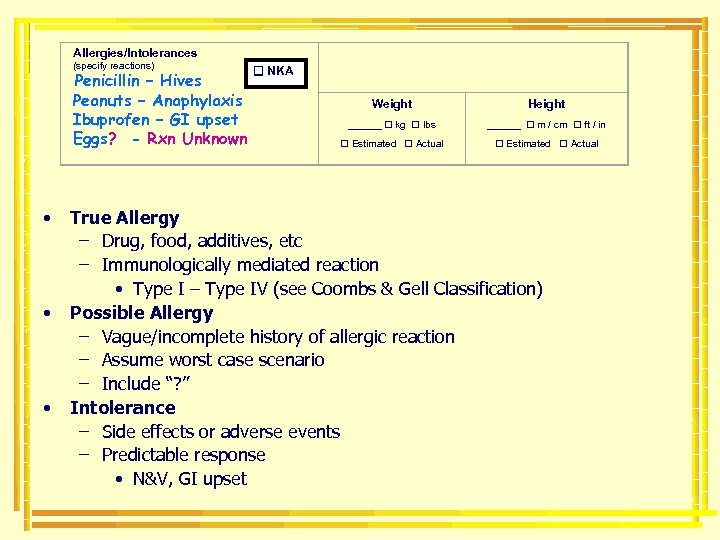 Allergies/Intolerances (specify reactions) Penicillin – Hives Peanuts – Anaphylaxis Ibuprofen – GI upset Eggs?