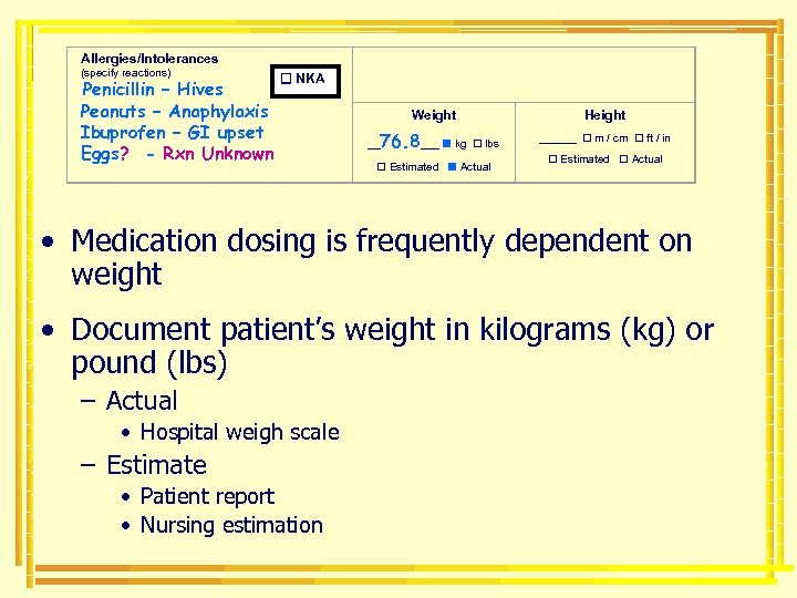 Allergies/Intolerances (specify reactions) Penicillin – Hives Peanuts – Anaphylaxis Ibuprofen – GI upset Eggs?