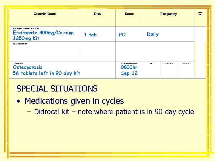 Generic Name PRE-ADMISSION MEDICATION Etidronate 400 mg/Calcium 1250 mg Kit CHANGE ORDER COMMENTS Osteoporosis