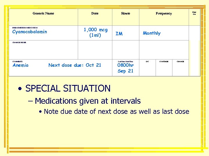 Generic Name Dose 1, 000 mcg (1 ml) PRE-ADMISSION MEDICATION Cyanocobalamin CHANGE ORDER COMMENTS