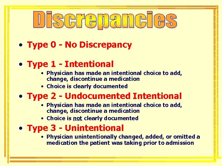  • Type 0 - No Discrepancy • Type 1 - Intentional • Physician
