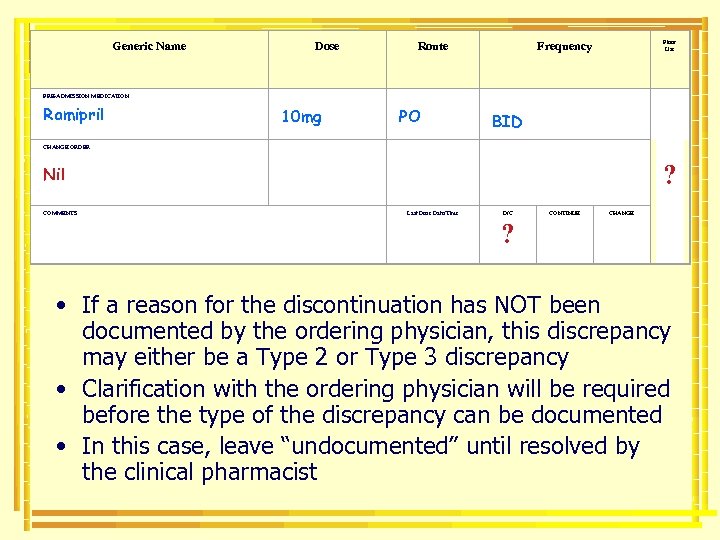 Generic Name PRE-ADMISSION MEDICATION Ramipril CHANGE ORDER Nil COMMENTS Dose 10 mg Route Floor