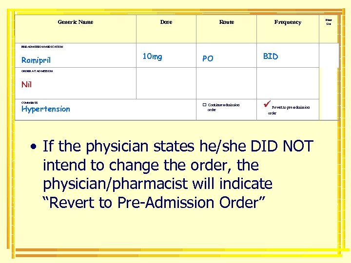 Generic Name PRE-ADMISSION MEDICATION Ramipril ORDER AT ADMISSION Nil COMMENTS Hypertension Dose 10 mg