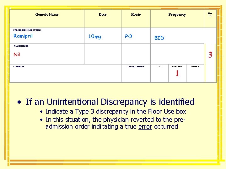 Generic Name PRE-ADMISSION MEDICATION Ramipril CHANGE ORDER Nil COMMENTS Dose 10 mg Route Floor