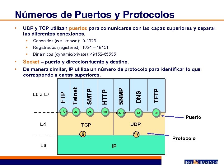 Números de Puertos y Protocolos • UDP y TCP utilizan puertos para comunicarse con