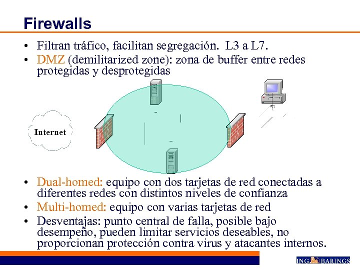 Firewalls • Filtran tráfico, facilitan segregación. L 3 a L 7. • DMZ (demilitarized