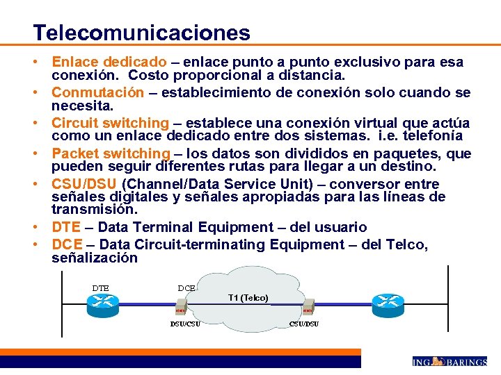Telecomunicaciones • Enlace dedicado – enlace punto a punto exclusivo para esa conexión. Costo