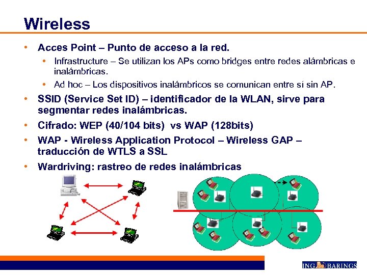 Wireless • Acces Point – Punto de acceso a la red. • Infrastructure –