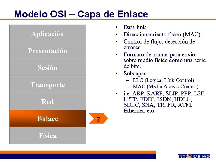 Modelo OSI – Capa de Enlace • Data link • Direccionamiento físico (MAC). •