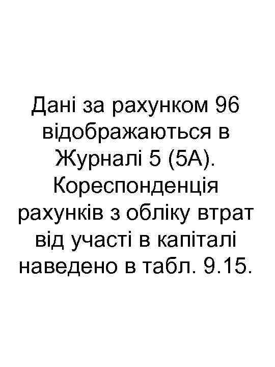 Дані за рахунком 96 відображаються в Журналі 5 (5 А). Кореспонденція рахунків з обліку