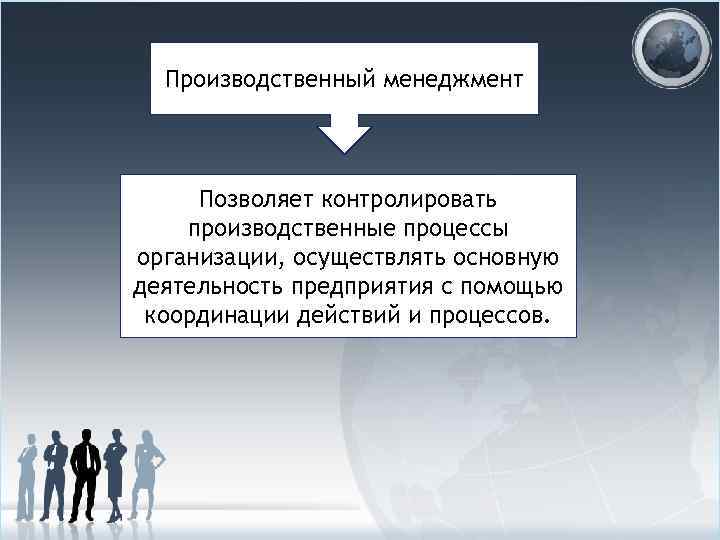 Производственный менеджмент Позволяет контролировать производственные процессы организации, осуществлять основную деятельность предприятия с помощью координации