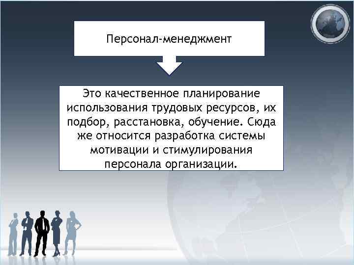 Персонал-менеджмент Это качественное планирование использования трудовых ресурсов, их подбор, расстановка, обучение. Сюда же относится