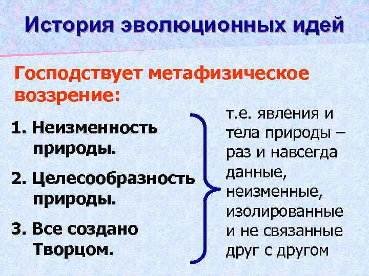 История эволюционных идей Господствует метафизическое воззрение: 1. Неизменность природы. 2. Целесообразность природы. 3. Все