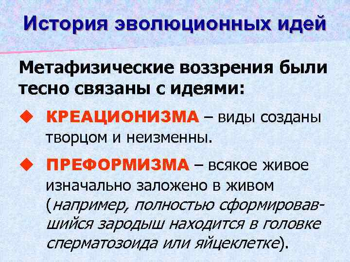 История эволюционных идей Метафизические воззрения были тесно связаны с идеями: u КРЕАЦИОНИЗМА – виды