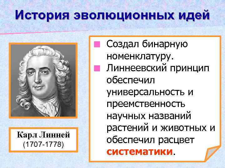 История эволюционных идей Создал бинарную номенклатуру. ¢ Линнеевский принцип обеспечил универсальность и преемственность научных