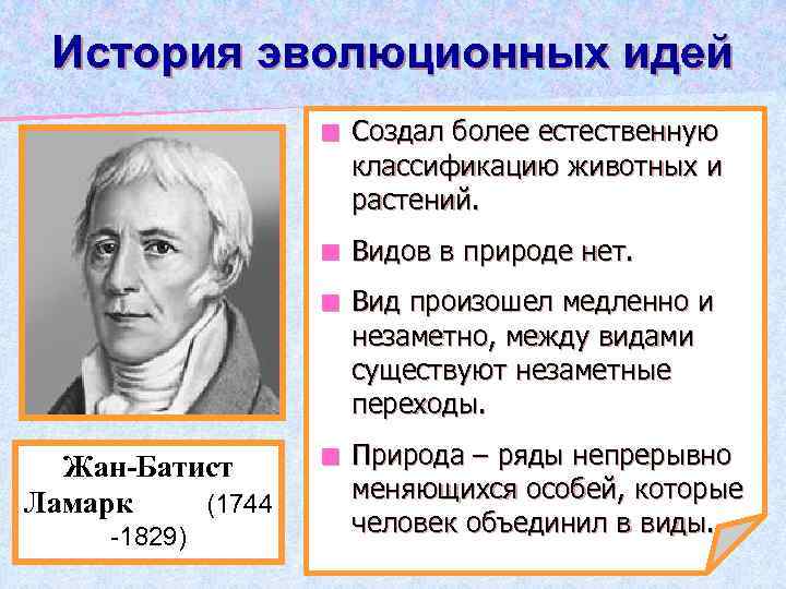 История эволюционных идей ¢ ¢ -1829) Видов в природе нет. ¢ Жан-Батист Ламарк (1744