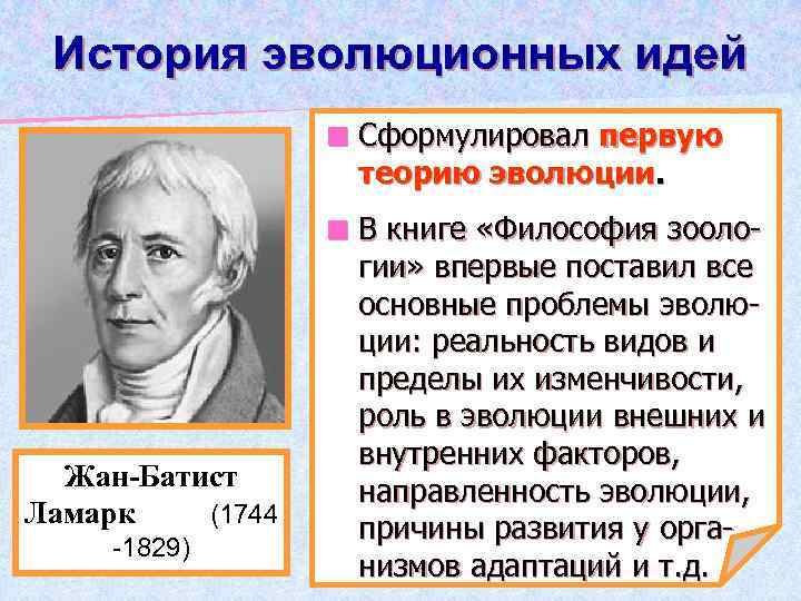 История эволюционных идей ¢ ¢ Жан-Батист Ламарк (1744 -1829) Сформулировал первую теорию эволюции. В