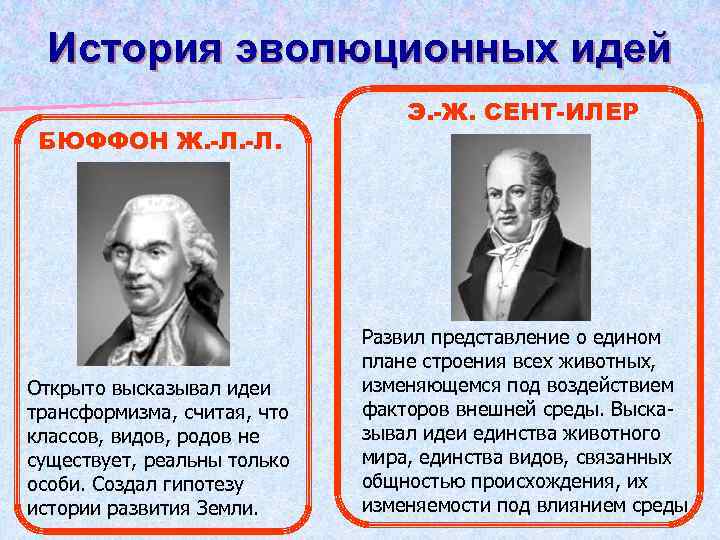 История эволюционных идей БЮФФОН Ж. -Л. Открыто высказывал идеи трансформизма, считая, что классов, видов,